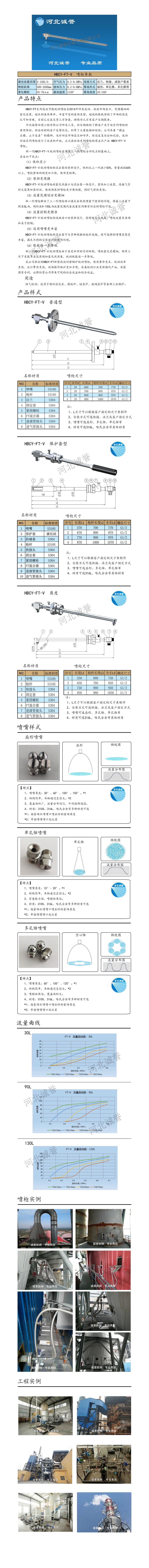 FT-V脱硝喷枪保护套、喷枪参数、材质尺寸、流量分布图、扇形空心锥俯视图介绍，以及喷枪雾化视频展示和工程案例介绍